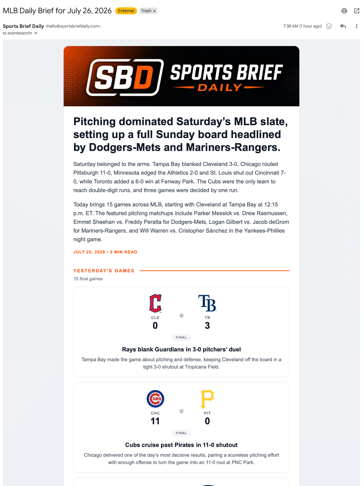 Email design for Sports Brief Daily